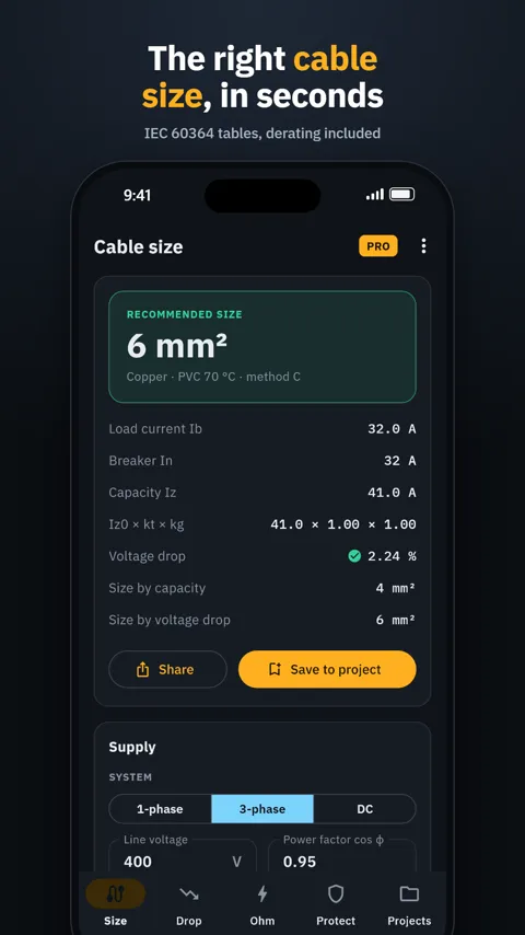 Cable Calc result screen recommending a 6 mm² copper cable with breaker, capacity and voltage drop