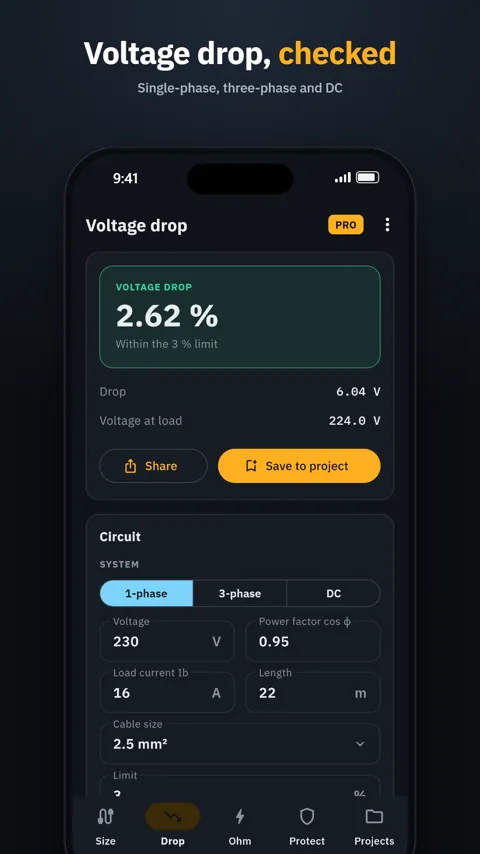 Voltage drop calculation with pass or fail against the limit