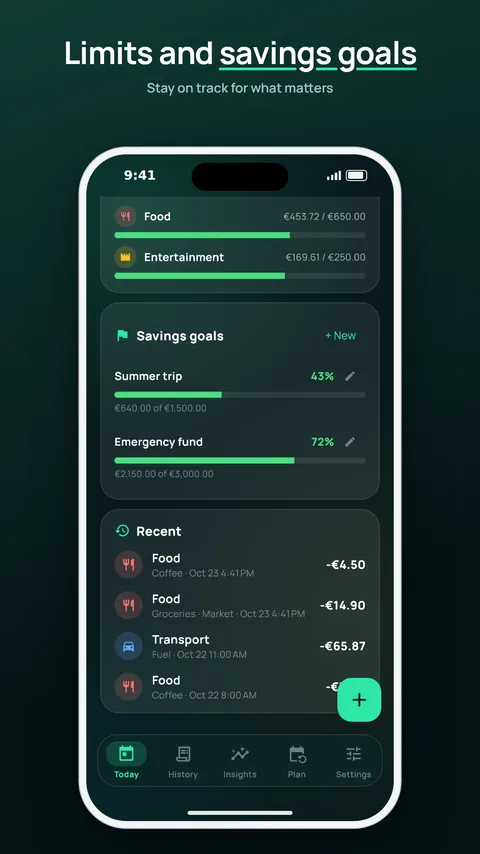 Category limits, savings goals and recent expenses