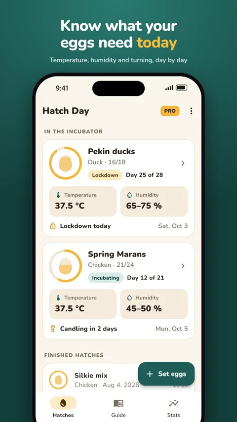 Hatch Day home screen with two clutches, today's temperature and humidity, and the next milestone