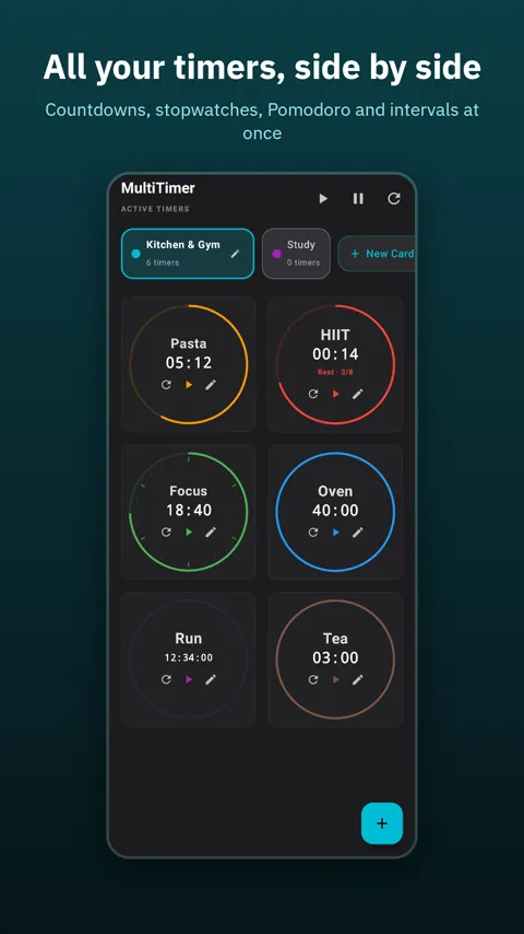 MultiTimer home screen with several named countdown timers running at once
