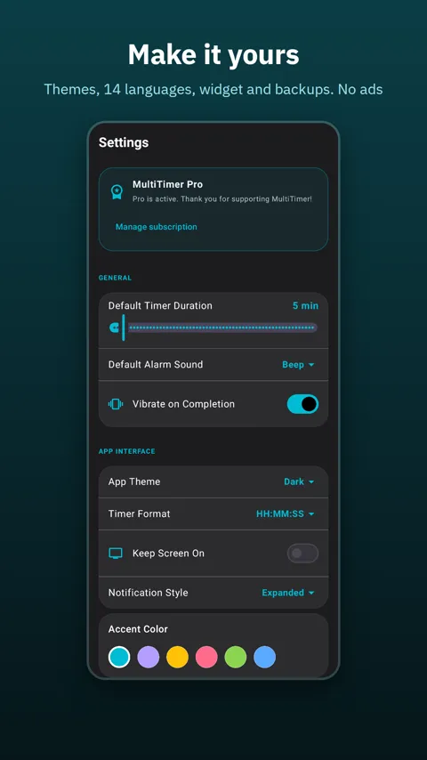 Settings with alarm sounds and accent themes