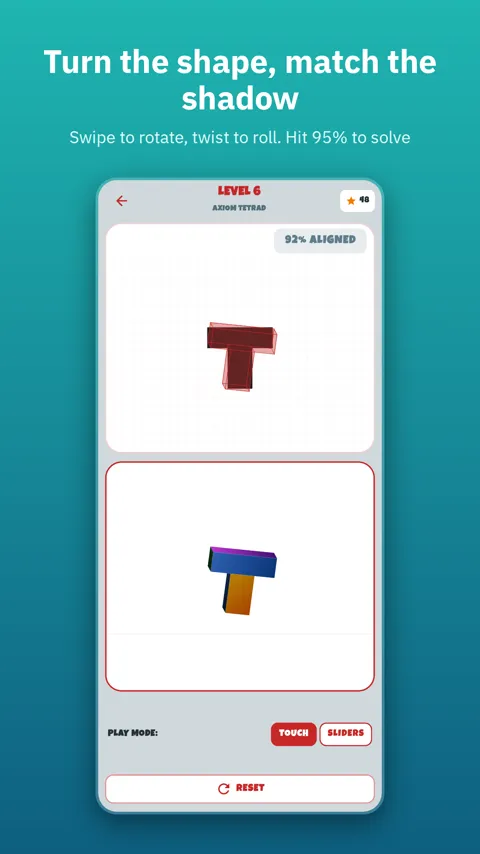 Shadow Match level with a 3D T-shape and its shadow 92% aligned to the target