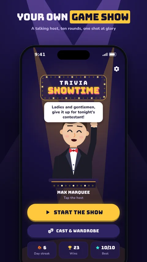 Trivia Showtime start screen with host Max Marquee