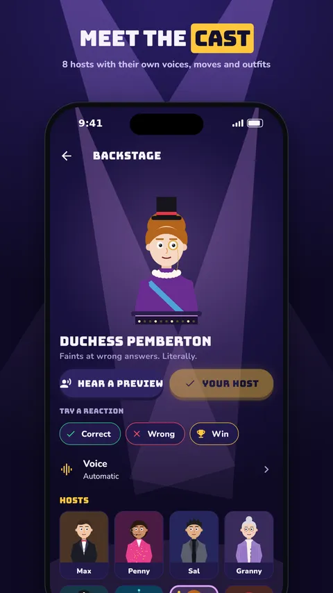 Backstage: choose your host and try their reactions